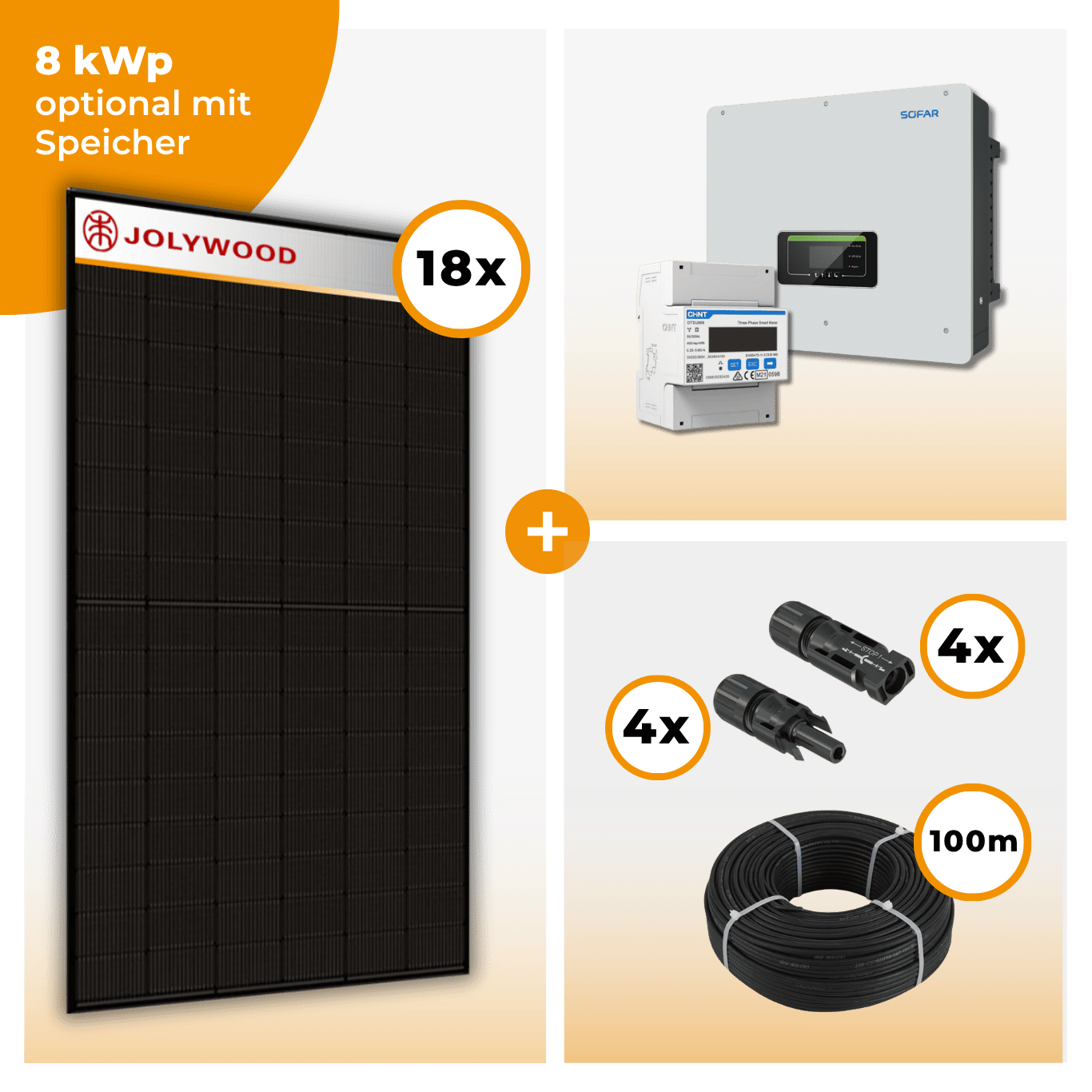 PV Komplettset 8 kWp – 18 x Jolywood 455 Full Black & SofarSolar HYD KTL-3PH opt. SofarSolar BTS DS5 Speicher
