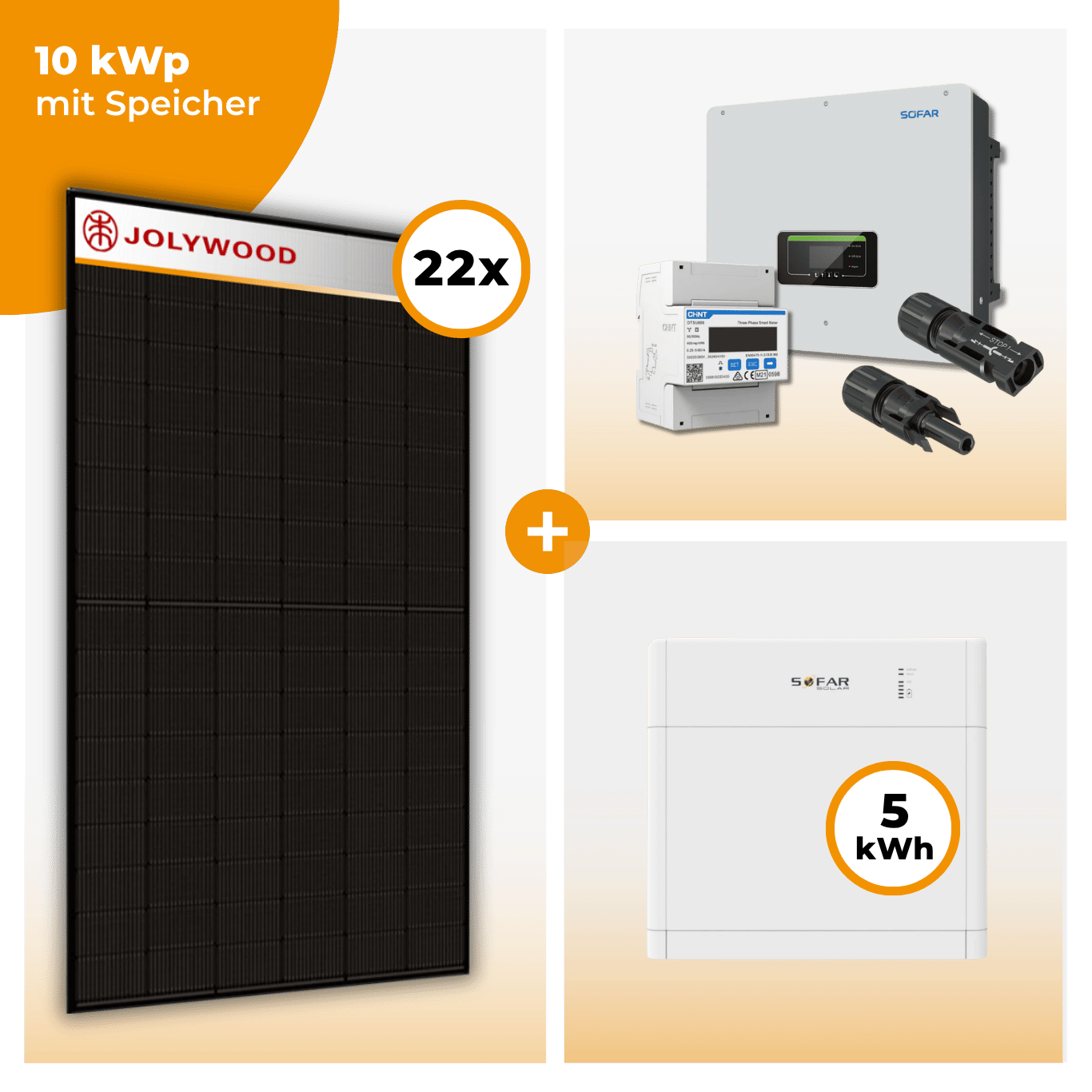 PV Komplettset 10 kWp – 22 x Jolywood 455 Full Black & SofarSolar HYD KTL-3PH opt. SofarSolar BTS DS5 Speicher