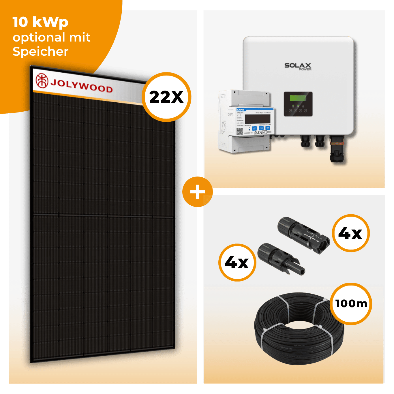 PV Komplettset 10 kWp – 22 x Jolywood 455 Full Black & Solax X3 Hybrid opt. T-BAT SYS Speicher