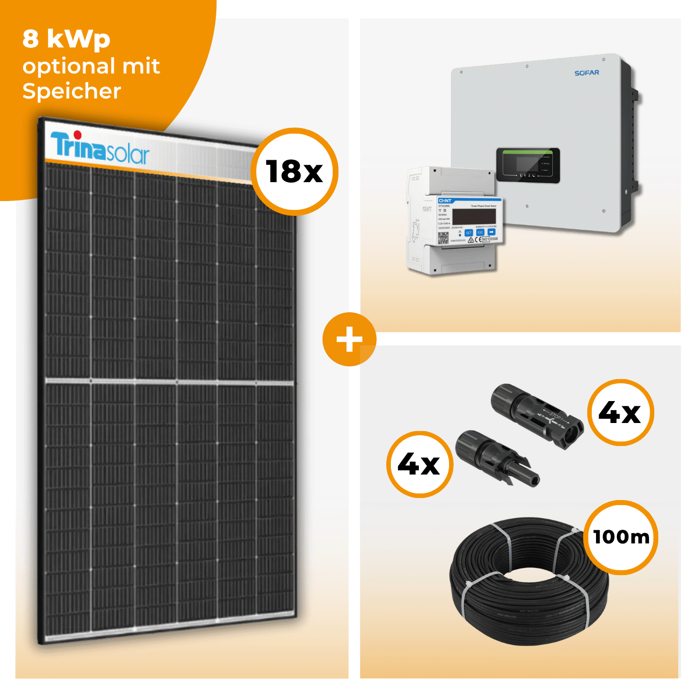 PV Komplettset 8 kWp – 18 x Trina 455 Black Frame & SofarSolar HYD KTL-3PH opt. SofarSolar BTS DS5 Speicher