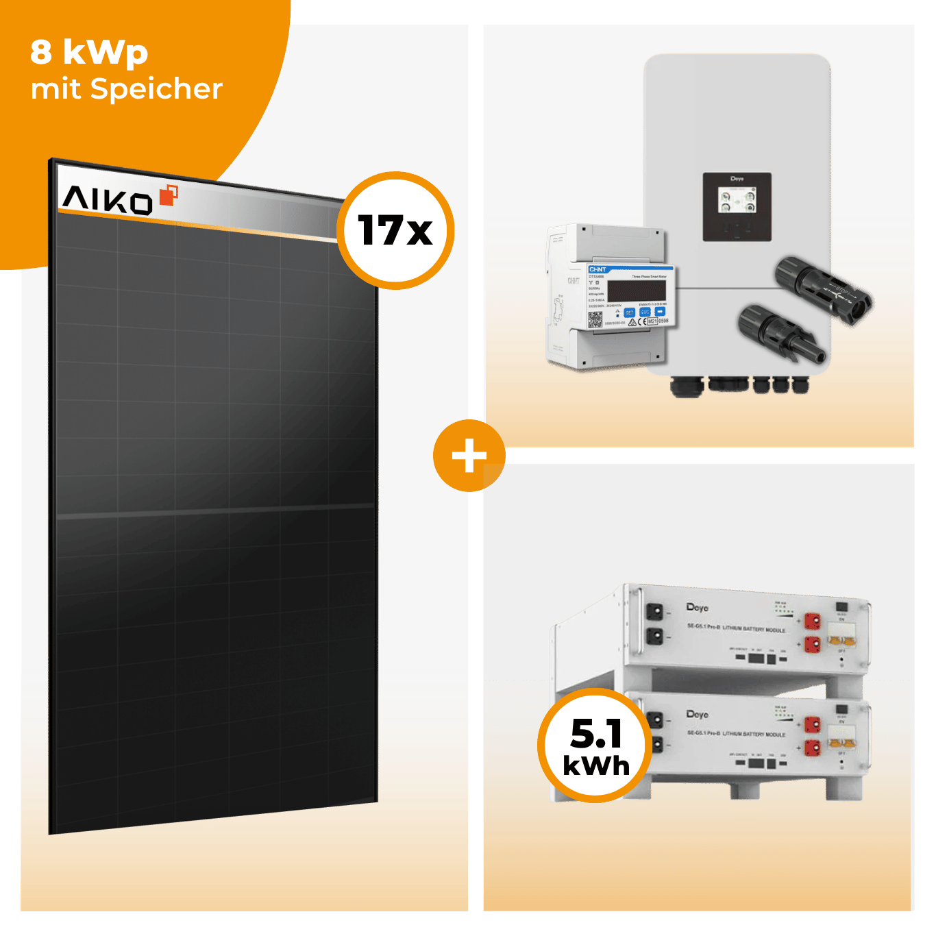 PV Komplettset 8 kWp – 17 x Aiko 470 Neostar 3S+ & Deye SUN-8K-SG05LP3-EU-SM2 opt. Deye SE-G5.1 pro B - LV Speicher