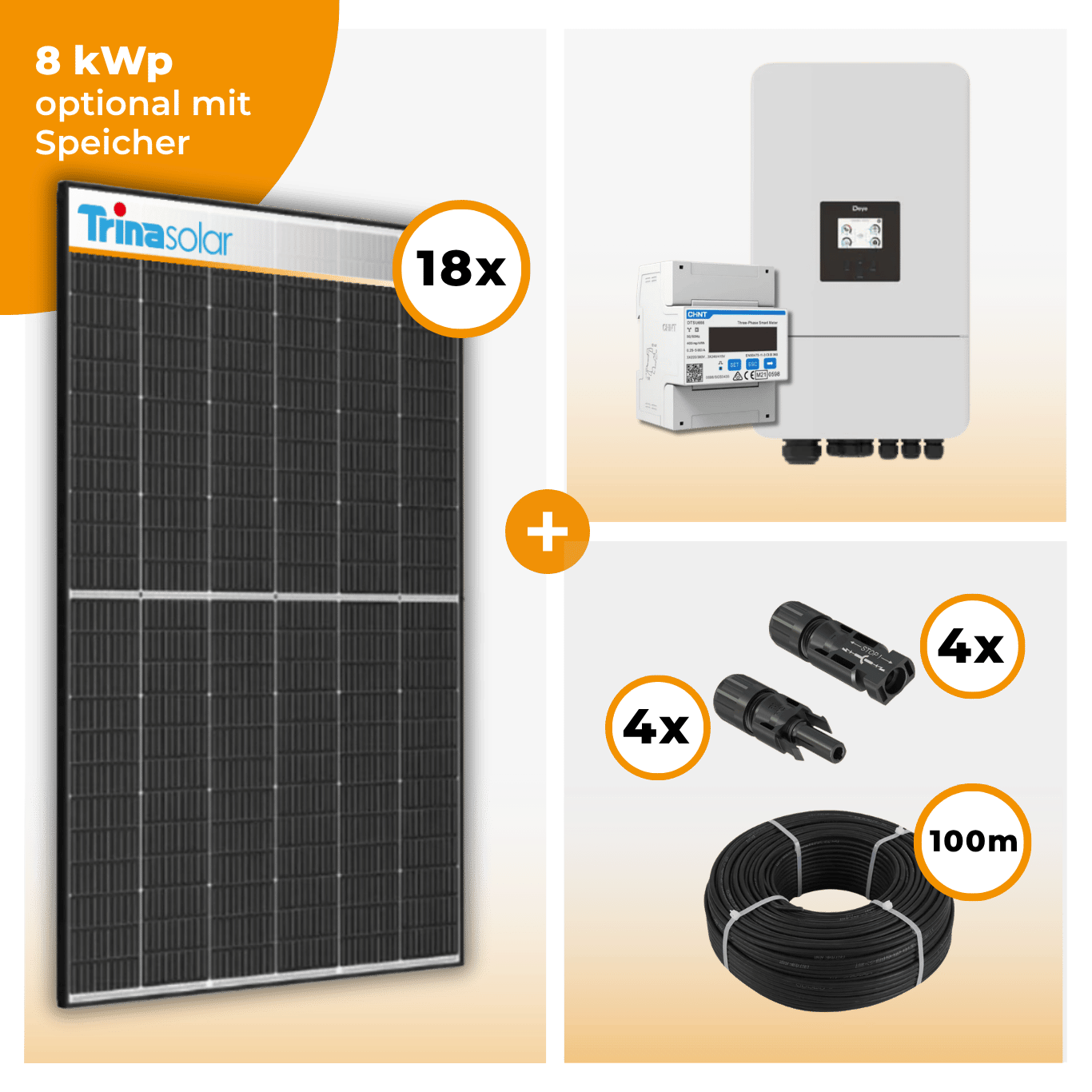 PV Komplettset 8 kWp – 18 x Trina 455 Black Frame & Deye SUN-8K-SG05LP3-EU-SM2 opt. Deye SE-G5.1 pro B - LV Speicher
