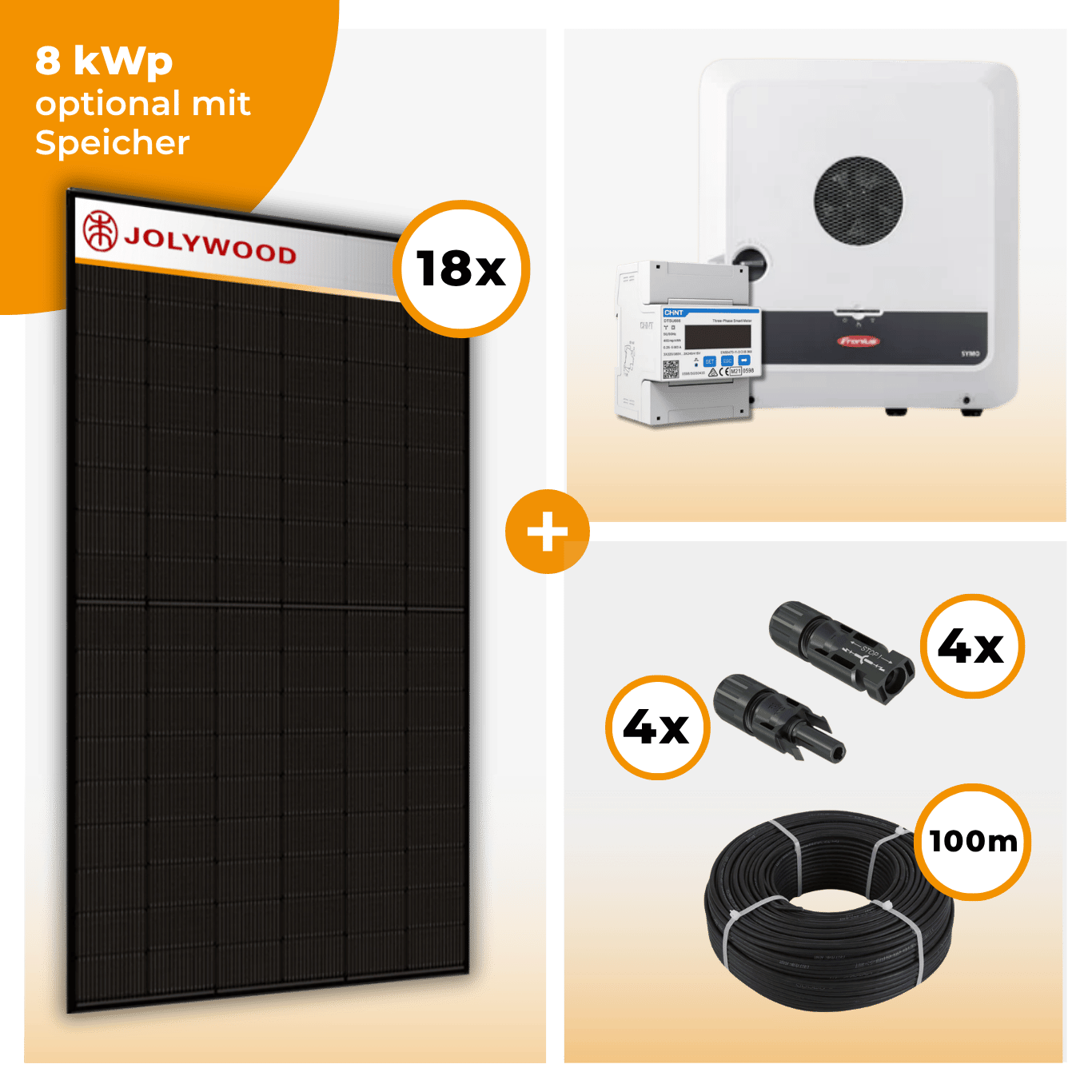 PV Komplettset 8 kWp – 18 x Jolywood 455 Full Black & Fronius Symo GEN24 Plus opt. Fronius Reserva Speicher