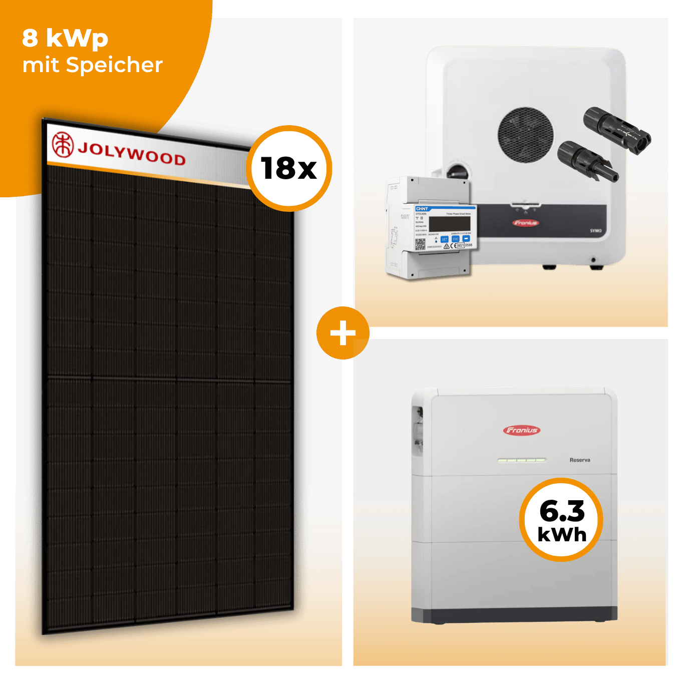PV Komplettset 8 kWp – 18 x Jolywood 455 Full Black & Fronius Symo GEN24 Plus opt. Fronius Reserva Speicher