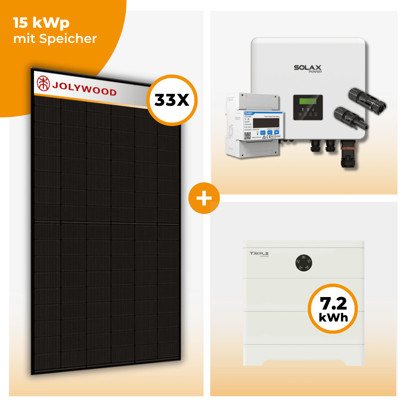 PV Komplettset 15 kWp – 33 x Jolywood 455 Full Black & Solax X3 Hybrid opt. T-BAT SYS Speicher