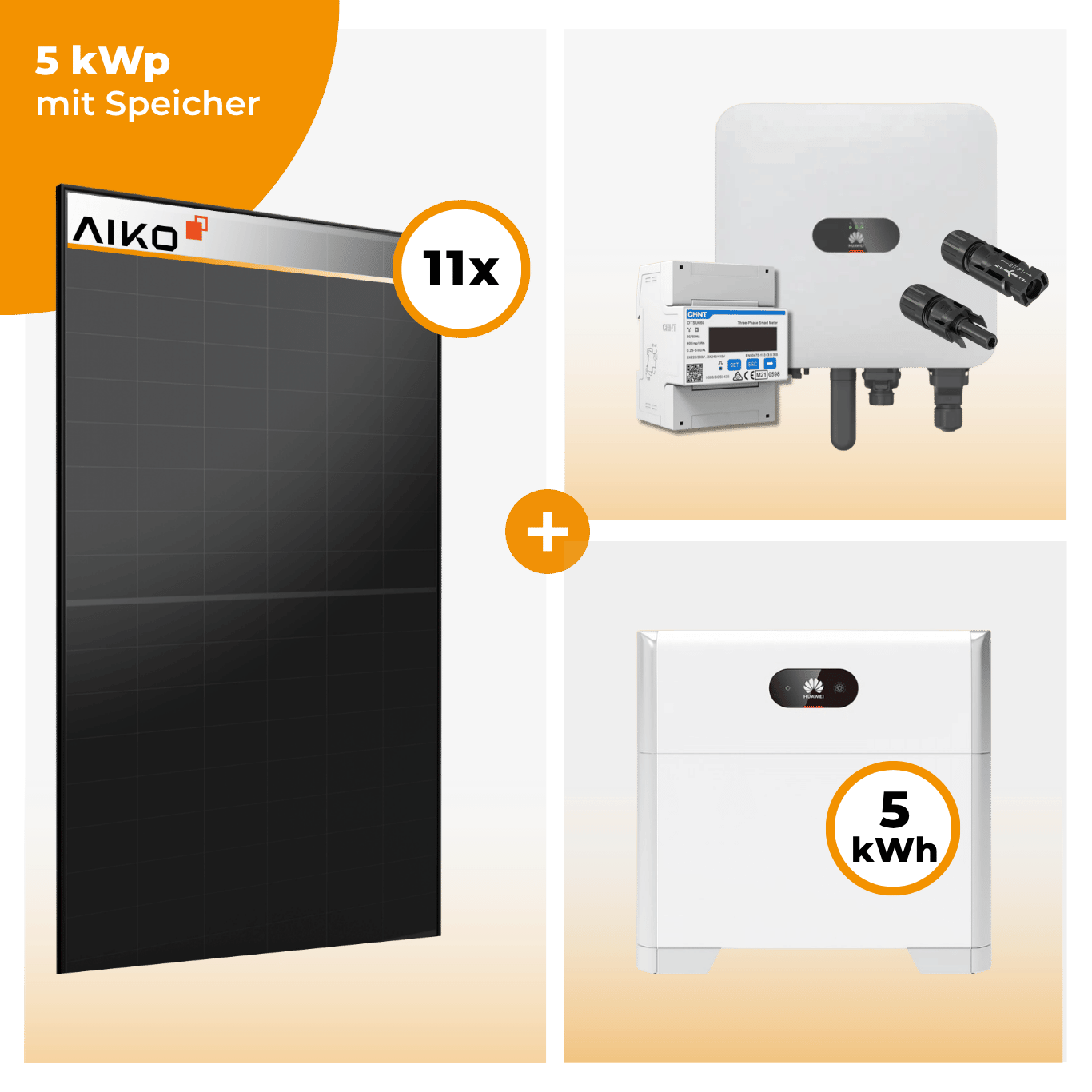 PV Komplettset 5 kWp – 11 x Aiko 470 Neostar 3S+ & Huawei SUN2000 MAP0 opt. Huawei LUNA2000 Speicher