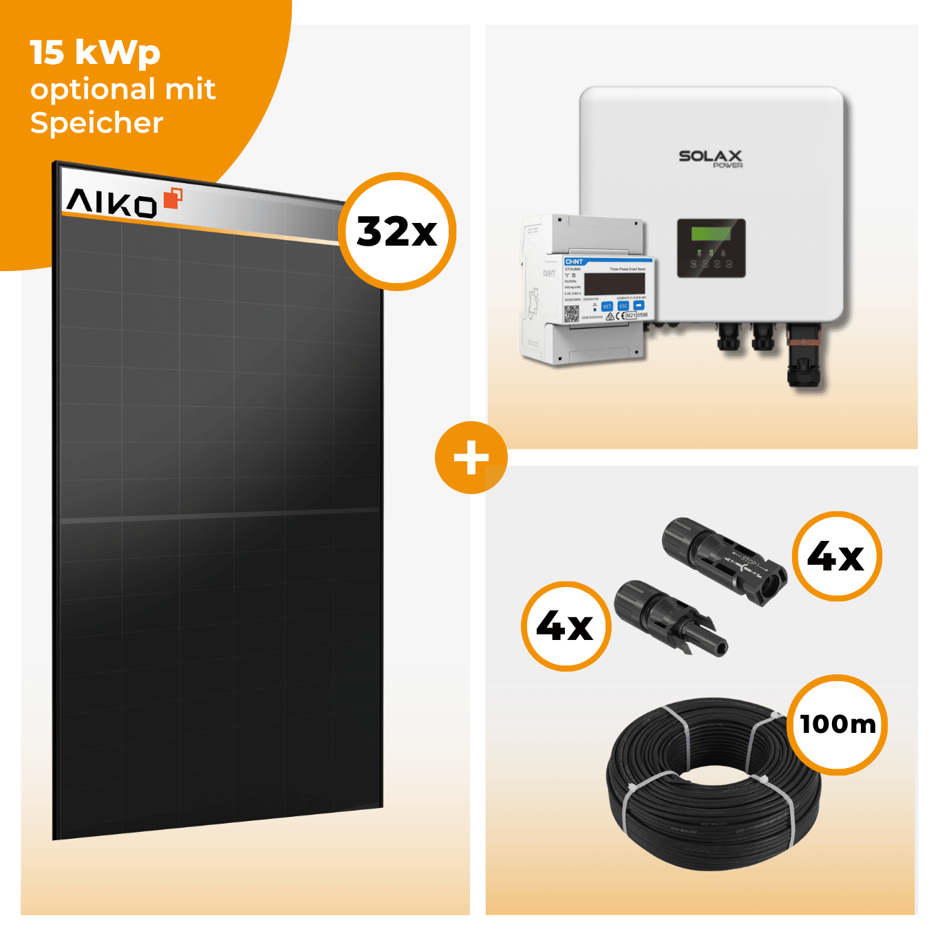 PV Komplettset 15 kWp – 32 x Aiko 470 Neostar 3S+ & Solax X3 Hybrid opt. T-BAT SYS Speicher