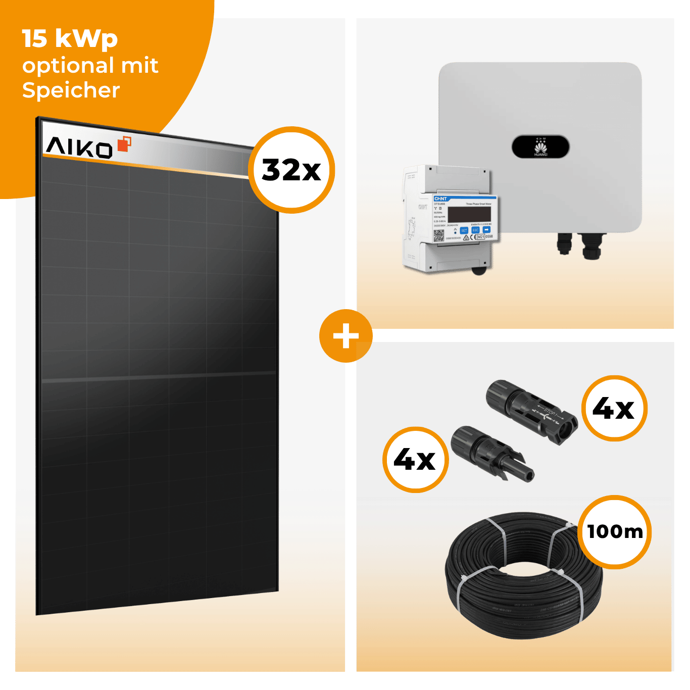 PV Komplettset 15 kWp – 32 x Aiko 470 Neostar 3S+ & Huawei SUN2000 MAP0 opt. Huawei LUNA2000 Speicher
