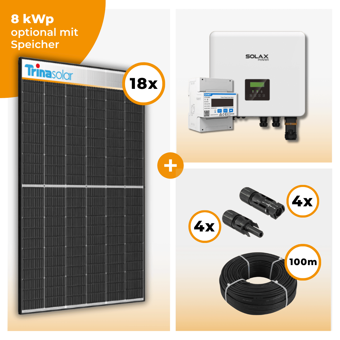 PV Komplettset 8 kWp – 18 x Trina 455 Black Frame & Solax X3 Hybrid opt. T-BAT SYS Speicher