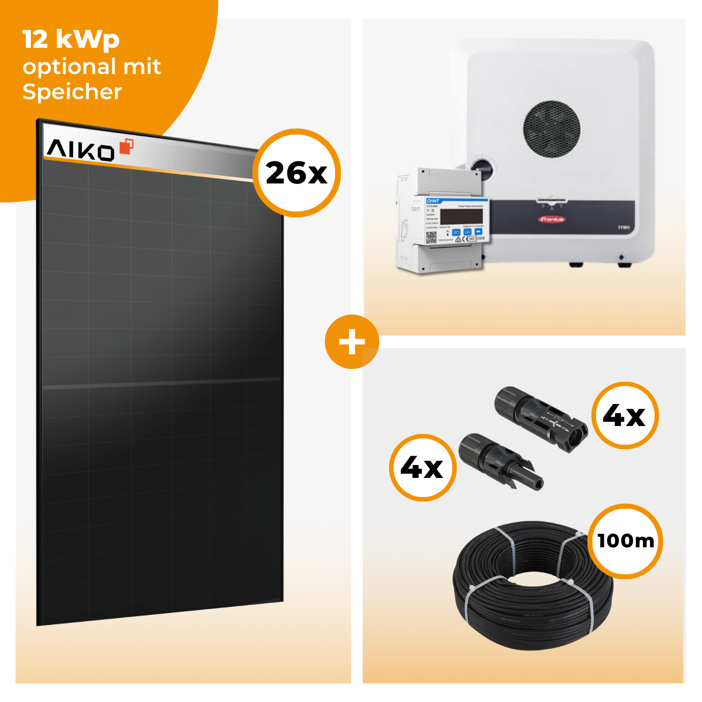 PV Komplettset 12 kWp – 26 x Aiko 470 Neostar 3S+ & Fronius Symo GEN24 Plus opt. BYD HVM Speichereinheit