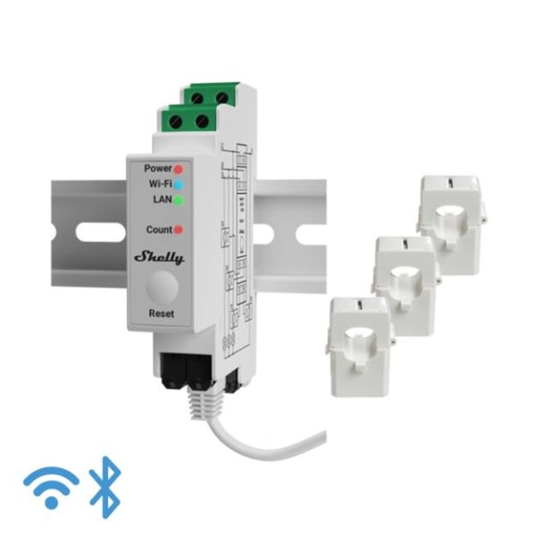 Contatore elettrico Shelly DIN rail ''Pro 3EM 120A'' con funzione di misurazione 3 terminali da 120A WLAN LAN BT