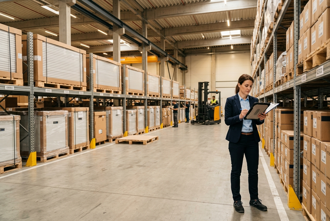 Die Arbeiter überprüfen den Warenbestand im Lager.