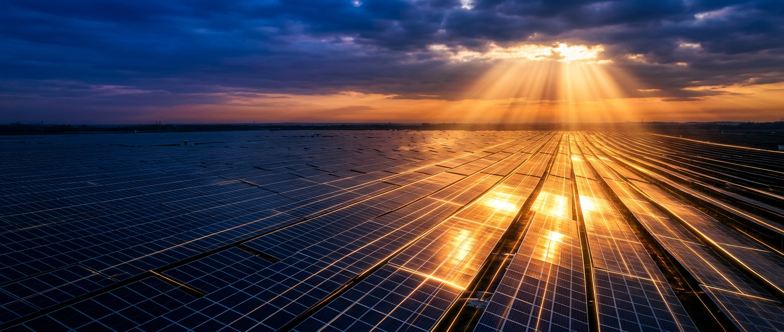 Solarpanel auf einem Feld und Sonnenlicht, das auf das Solarpanel fällt